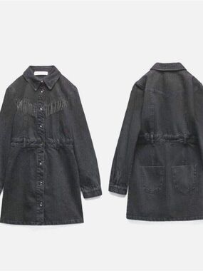 Zara Black Long Denim Jacket with Subtle Stitch Detail